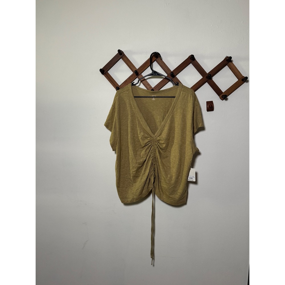 ANA NWT Khaki Olive Rouched Front V-Neck T-Shirt 2X - Picture 1 of 5